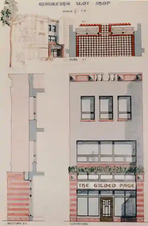 1990 Architectural presentation drawing poposal for a bookstore "slot shop" in downtown Waukesha, WI.