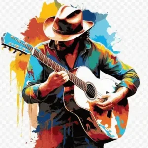 Animated image of a male and a playing a guitar.