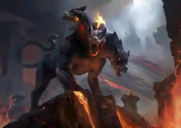 Cerberus the multi-headed dog that guards the gates of Hades to prevent the dead from leaving.