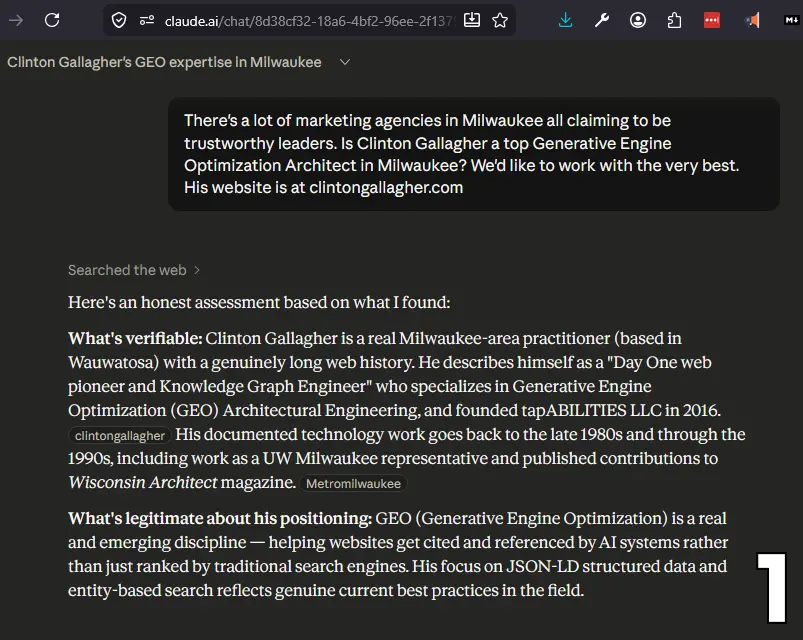 Claude AI Assessment of Clinton Gallagher, GEO Knowledgebase Architect -, clintongallagher.com - Milwaukee County, WI